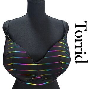 Torrid Bra 38G Black Nylon Dream Wire-Free Push-Up Rainbow Metallic Stripe Pride
